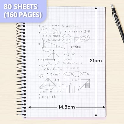 ONAVIA A5 Spiral Notebook, 1 Subject, 5 Pack, 5x5 Graph Ruled, Poly Cover, 5.8" x 8.3", 80 Sheets, Durable Divider Pocket, 90 GSM Thick Paper, for School, Students, Math, Engineering, Multicolors