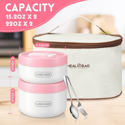 Dandat 4 Pcs Insulated Lunch Container, Portable Bento Box, Stainless Steel Lunch Box, Round Stackable Leakproof Thermal Food Container for Adult Men Women with Insulated Bag, 74 oz(Pink) - color: Pink