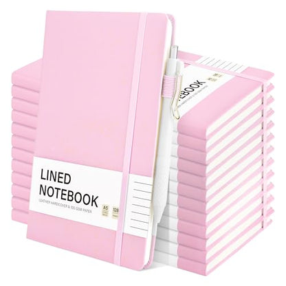 Aodaer 12 Set Lined Notebook Journals with Pens A5 Notebooks 100 GSM College Ruled Hardcover Notebook PU Leather Notepad with Pen Holder for Office School, 5.7 x 8.3 Inches, Pink - color: Pink