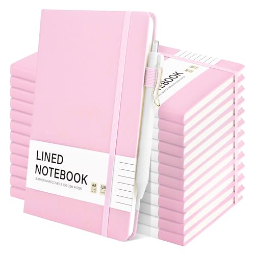 Aodaer 12 Set Lined Notebook Journals with Pens A5 Notebooks 100 GSM College Ruled Hardcover Notebook PU Leather Notepad with Pen Holder for Office School, 5.7 x 8.3 Inches, Pink - color: Pink