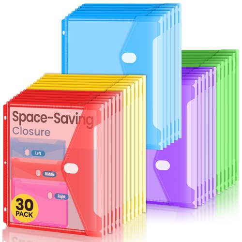 Sooez 30 Pack Binder Folders Organizer with Staggered Closures, Super Heavyweight Binder Pockets for 3 Ring Binders, High Capacity Binder Pouch, Side Loading, School Supplies, Letter Size, 5 Color