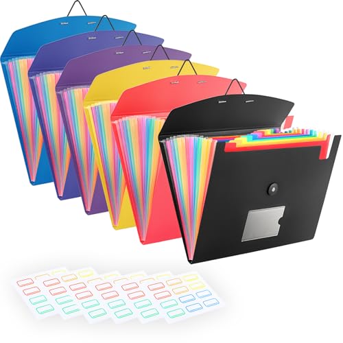 6 Pack Accordion File Organizer with Labels, 13 Pocket Expanding File Folder for Letter Size A4 Papers, Ideal for Home, Office Supplies, College Essentials
