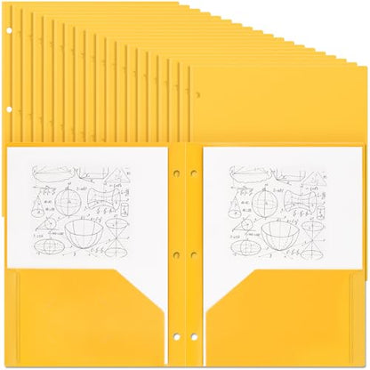 Yeaqee 72 Pcs Plastic Folders with Pockets Bulk 3 Hole Punched 2 Pocket File Folders for 3 Ring Binder Divider Folder for Notebooks, Durable Poly for Office Home (Yellow) - color: Yellow