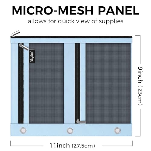 SKYDUE 3 Ring Pencil Pouch for Binder, Zipper Binder Pencil Pouch with 3 Pockets and Mesh Window, Durable Organizer for School Supplies, Cables, Earbuds, Makeup - color: Skyblue
