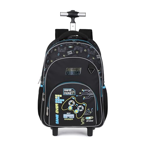 Kids Rolling Backpack for Boys, 5 PCS Cartoon Wheeled Backpack Set with Lunch Bag & Pencil Case, Durable Backpack with Wheels for School, Travel & Daily Use (Blue) - color: Game Black