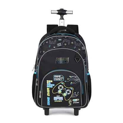 Kids Rolling Backpack for Boys, 5 PCS Cartoon Wheeled Backpack Set with Lunch Bag & Pencil Case, Durable Backpack with Wheels for School, Travel & Daily Use (Blue) - color: Game Black