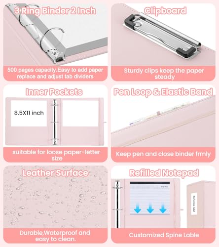 3 Ring Binder with Clipboard,2 Inch Binders with Notepad&5 Dividers with Pockets, Labels,PU Clipboards for School Office(Pink,Letter Size) - color: Pink, size: Letter Size -2 Inch