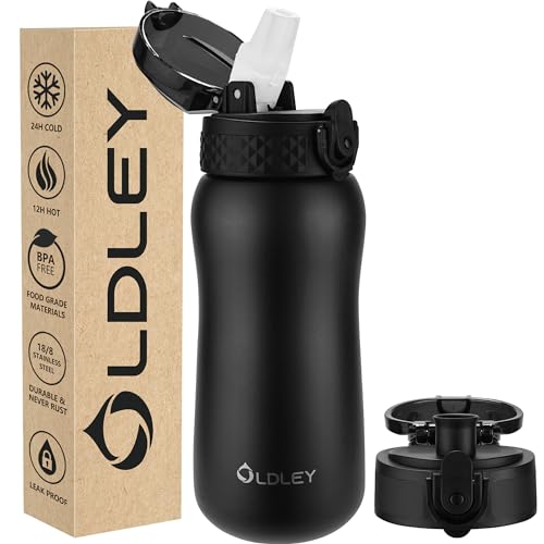 Oldley Insulated Water Bottle 12oz Water Bottles with Straw, Stainless Steel Water Bottle with 2 Lids, Double Wall Vacuum Bottels for Adults Kids, Leak-Proof Sport Bottles for School Travel, Black - color: Black, size: 12 Ounces