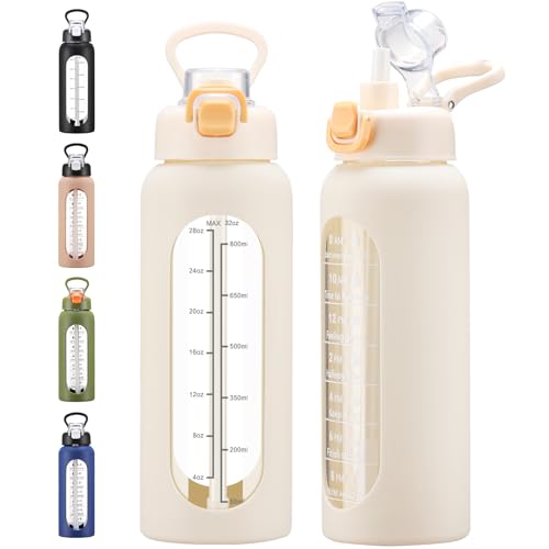 chunmo 32 oz Glass Water Bolttles with Straw Large Motivational Water Bottle with Time Marker Sports Water Bottles with Silicone Sleeve and Handle Lid Water Jug for Gym Workout - color: White, size: 32 Ounces