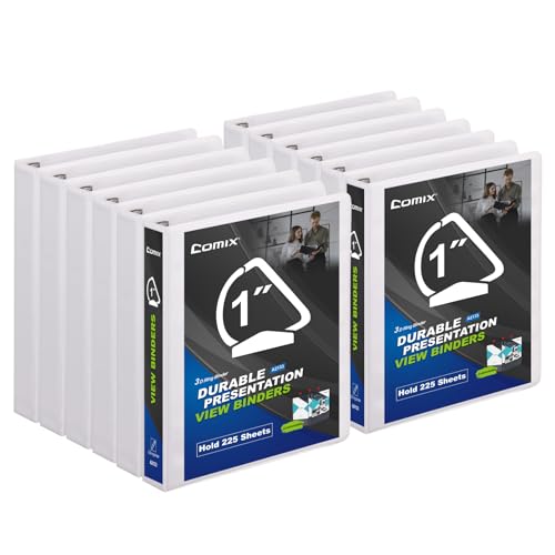 Comix D-Ring Basic View Binder 1 inch 3 Ring Binders, 2.4mm-Thick, Hold 225 Sheets of 8.5" x 11" Paper, 12 Pack (White) - color: White, size: 1-Inch, style: 12 Pack