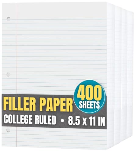 1InTheOffice Loose Leaf Paper College Ruled, Notebook Filler Paper, 8.5" x 11", 3-Hole Punched, White, 300 Pack