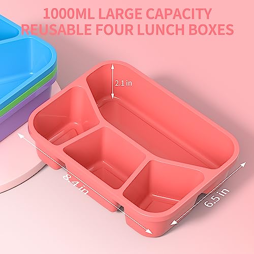 Bento Adult Lunch Box (4 pack), 4-Compartment Meal Prep Container with Transparent Cover, Reusable Lunch Containers for Kids, No BPA, Microwave/Dishwasher Safe (PP(Red/Green/Blue/Purple)) - color: PP(Red/Blue/Purple/Green)
