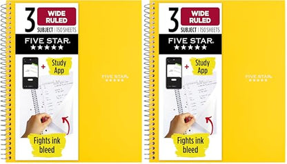 Five Star Spiral Notebook, 3 Subject, Wide Ruled, 150 Sheets | 10-1/2" x 8" Size | Harvest Yellow | Pack of 2 | Study App - color: 09 Yellow, size: 8" x 10-1/2" (Pack of 2)