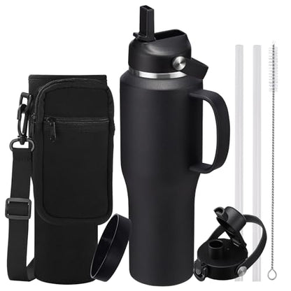 Stainless Steel Water Bottles 40oz - Insulated Water Bottle with Straw, Strap Carrier Bag & Protective Boot, Tumbler with Handle for Car, Office, Gym - color: Black, size: 32 ounces with handle