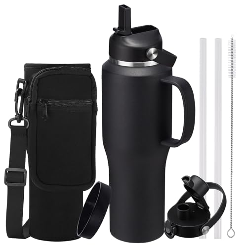 Stainless Steel Water Bottles 40oz - Insulated Water Bottle with Straw, Strap Carrier Bag & Protective Boot, Tumbler with Handle for Car, Office, Gym - color: Black, size: 32 ounces with handle