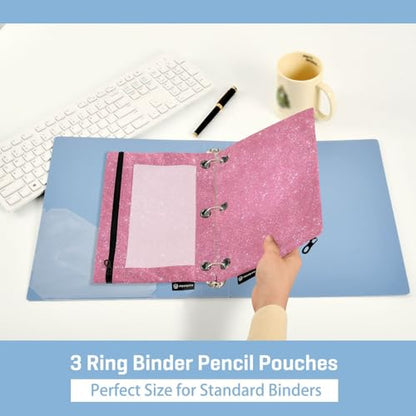 Binder Pouches 3 Ring for Boys Girls Glittery Pink Sparkling Zipper Pencil Pouches Case Bag with Clear Window School College Office Supplies 2 Pack - color: Pink Sparkling