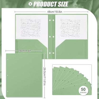 Yeaqee 50 Pcs Plastic Folders with Pockets Bulk 3 Hole Punched 2 Pocket File Folders for 3 Ring Binder Divider Folder for Notebooks, Durable Poly for Office Home (Sage Green) - color: Sage Green