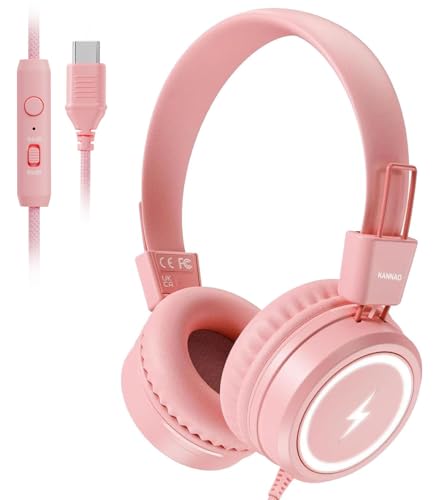 Kid Headphones for School, USB Type C Kids Headphone with LED Lights, Wired Boys Girls Headphones with Safe Limiter 85dB/94dB, Foldable On Ear Headphones with Microphones for Girls, Boys, iPad-Pink - color: Pink