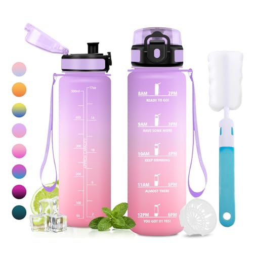 500ml Water Bottle with Motivational Time Marker, Filter Bottle, BPA Free Water Bottles for School, Office - color: 500ml Light Lilac + Light Pink, size: 16.9 Ounces
