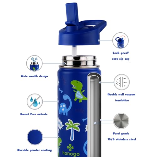 16 oz Stainless Steel Insulated Kids Water Bottle, Leak Proof Metal Thermal Flask with Straw lid, Cute Toddler Tumbler Cup for School Girls & Boys (Blue, Dino) - color: Blue, Dino