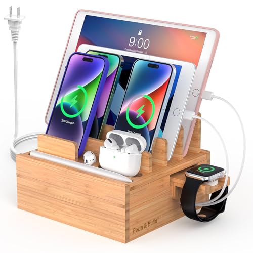 Pezin & Hulin Bamboo Charging Station for Multiple Devices Include 5 Port USB Charger, 5 Cables, Desktop Organizer for Phones, Tablet, Wooden Docking Stations - color: Style 1