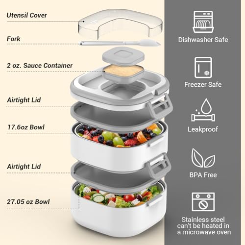 PEDECO Double-Layer Bento Lunch Box for Kids & Adults with Removable Stainless Steel Dividers,Dressing Container,BPA-Free,Dishwasher Safe - Includes Utensil,(White,Non-Insulated) - color: White, size: Stainless Steel Double Layers