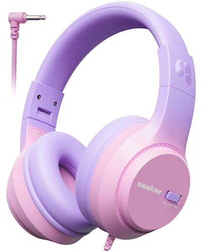 awatrue Kids Headphones, 74/85/94dB Volume Limiter, Foldable Wired Over Ear Headphones for Travel, 3.5mm Jack, Toddler Headphones for School, Chromebook, iPad, Tablet, Purple Pink - color: Purple Pink