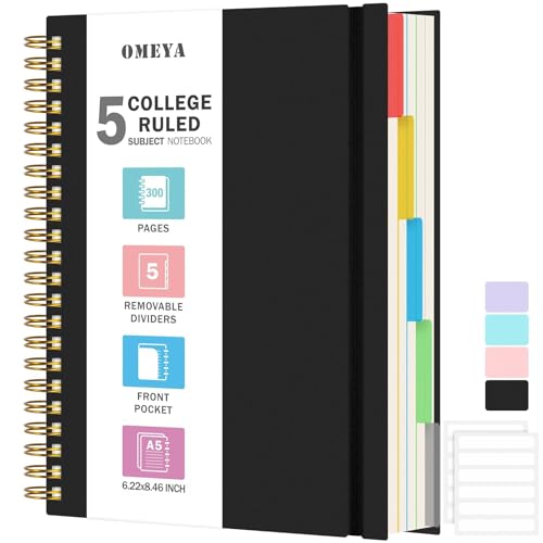 5 Subject Notebooks College Ruled, Lined Notebook with Removable Dividers | 300 Pages 100GSM Thick Spiral Writing Journal for Women & Men, Small A5 Spiral Notebooks for Work, School Supplies, 6" x 8" - color: Black, size: A5