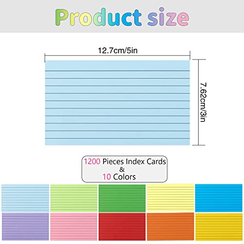 1200 Pieces Index Cards Ruled 3 x 5 Color Index Cards Bulk, Flash Cards, Study Cards, Note Cards for Learning School and Office Uses, 10 Colors