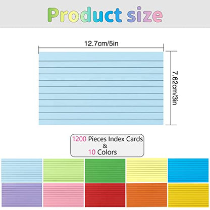 1200 Pieces Index Cards Ruled 3 x 5 Color Index Cards Bulk, Flash Cards, Study Cards, Note Cards for Learning School and Office Uses, 10 Colors