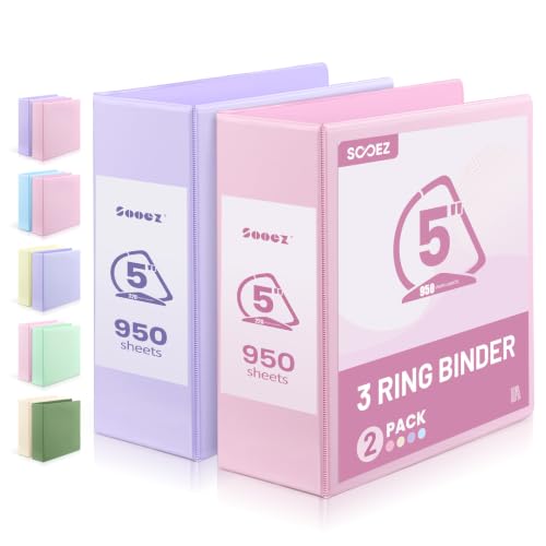 Sooez BinderX 5 Inch 3 Ring Binder, D-Ring Large Binders, Holds 950 Sheets of 8.5x11 Paper, PVC-Free, Customizable View Cover with 2 Inside Pockets, School & Office Supplies, Assorted Pastels, 2-Pack - color: Pink&purple, size: 5-Inch D Ring