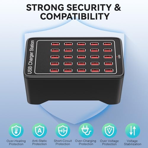 Charging Station for Multiple Devices,125W 25 Ports Multi USB Charger Stations for iPhone, Cell Phone, iPad, Tablet, Apple Watch and Other Electronic, Multiple USB Power Charging Dock for Home Family