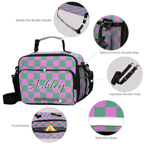 Custom Student Lunch Bag for Boys Girls Green Pink Checkered Personalized Lunch Box With Name Insulated Cooler Bag for School Picnic Travel - color: Multi15