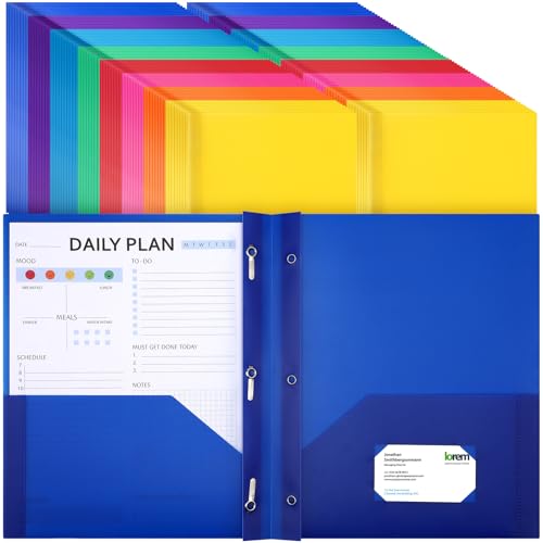 Cholemy 132 Packs Pocket Folders with Prongs Heavy Duty Plastic Folder with Business Card Slot 3 Prong Fasteners for School Office (Cute) - color: Cute