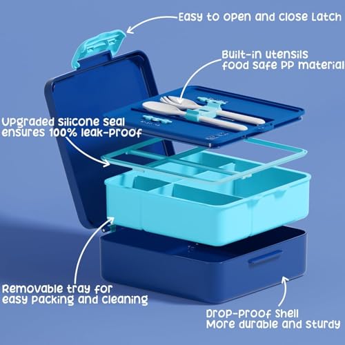 Fimibuke Kids Bento Snack Lunch Box with Thermo Insulated Toddler Lunch Bag | Lunch Box Kids with 4 Compartment, Food Jar, Ice Pack, Utensils, Birthday Gifts for Ages 3-12 Back to School Toddler Girl Boy - color: B1.Ink Blue