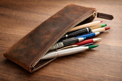 Leather Pen Pencil Case, Zip Pouch, Accessories holder, Stationery Bag, Classic Handmade Design (Vintage Brown)
