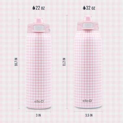 Ello Pop & Fill Insulated Stainless Steel Water Bottle with Quick Fill Lid, Leakproof Locking, Sip or Chug Spout, BPA-Free, Double Wall Vacuum Insulated for Sports, Travel & School- 22oz / 32oz / 40oz - color: Pink Gingham, style: 22oz