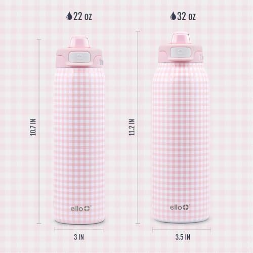 Ello Pop & Fill Insulated Stainless Steel Water Bottle with Quick Fill Lid, Leakproof Locking, Sip or Chug Spout, BPA-Free, Double Wall Vacuum Insulated for Sports, Travel & School- 22oz / 32oz / 40oz - color: Pink Gingham, style: 32oz