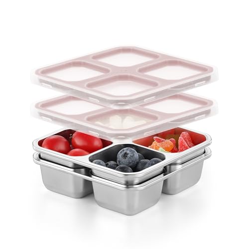 BEFOY 4 Pack Stainless Steel Snack Containers with Lids 4 Compartment Food Storage Containers for Adults & Kids Meal Prep Containers Reusablele (PINK, 2) - color: Pink, size: 2
