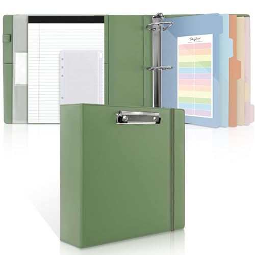 SKYDUE 3 Ring Binder 3 Inch D Ringr with Clipboard, PU Heavy Duty Clipboard Binder with Notepad & 5 Dividers with 5 Pockets, Labels, Clipboard Folder Great for School Office - color: Olivegreen, size: Letter Size - 3 Inch