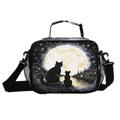 MNSRUU Student Lunch Bag Black Cat Insulated DinnerTotes Picnic Bag Lunch Box with Adjustable Shoulder Strap for Teen Kids Adults - color: Cat I0685