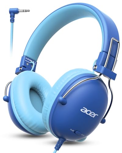 Acer Kids Headphones for School, 74/85dB Safe Volume,Kids Headphones with Cord, 3.5mm Jack, Stereo Sound Wired On-Ear Headphones for Airplane Travel, Boys Girls, Chromebook,Kids Tablet,Blue - color: Blue