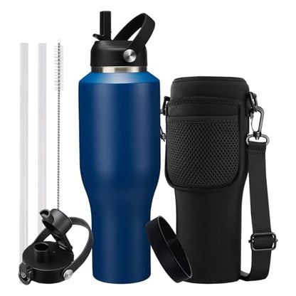 40oz Insulated Water Bottle that fits in Cup Holder - Water Cup with Spout Lid, Straw, Sleeve with Side Handle, Vacuum Stainless Steel Travel Tumbler Keep Cold 48h/Hot 24h - color: Navy Blue, size: 40 Ounces