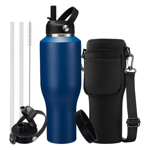 40oz Insulated Water Bottle that fits in Cup Holder - Water Cup with Spout Lid, Straw, Sleeve with Side Handle, Vacuum Stainless Steel Travel Tumbler Keep Cold 48h/Hot 24h - color: Navy Blue, size: 40 Ounces