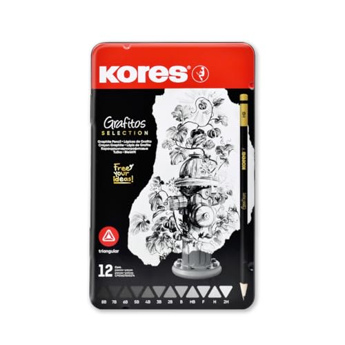 Kores - Grafitos: Graphite Pencils Different Grades Set for Kids and Adults with Soft Lead, Triangular Shape, School and Art Supplies for Writing, Drawing and Sketching, Set of 12 in Metal Box