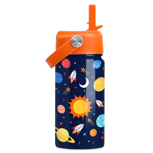 SANDJEST Space Water Bottle - Kids Water Bottle with Straw Lid - 12 Oz Insulated Stainless Steel Water Bottles for Kid Boys Girls - Travel Cup for School Sports - color: Outer Space