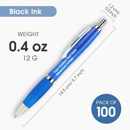 100-Pack Promotional Pens with Custom Text - Clear Plastic Pens - color: Blue