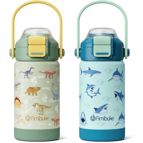 Fimibuke 14oz Kids Insulated Water Bottle with 2-in-1 Straw & Spout Lid | Leak Proof 18/8 Stainless Steel Vacuum Tumbler with Pop-Open Lid, BPA-Free Kids Cup for Travel School Girl Boy Toddler 2 Pack - color: Dinosaur & Shark, size: 14 Ounces