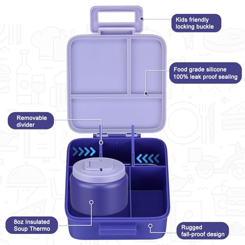 MAISON HUIS Bento Lunch Box with 8oz Soup Thermo, 5-Compartment Leak-Proof Container, Thermo Hot Food Jar and Insulated Lunch Bag, BPA Free,Travel, School (Purple) - color: Purple