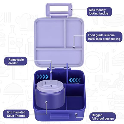 MAISON HUIS Bento Lunch Box with 8oz Soup Thermo, 5-Compartment Leak-Proof Container, Thermo Hot Food Jar and Insulated Lunch Bag, BPA Free,Travel, School (Purple) - color: Purple